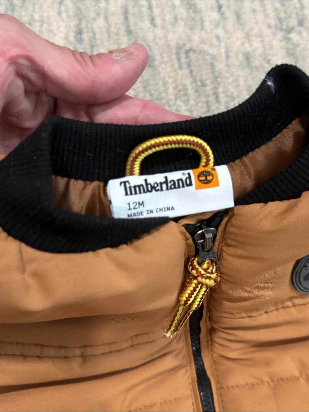 Timberland Brown and Black Quilted Puffer Vest with Yellow Accent